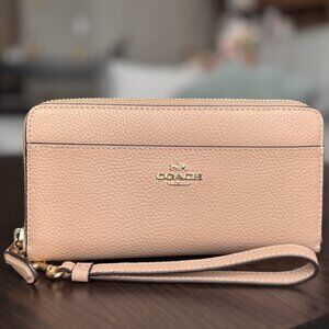Coach - Long Zip Around Wallet w/ Wristlet Strap - Beige / Gold
